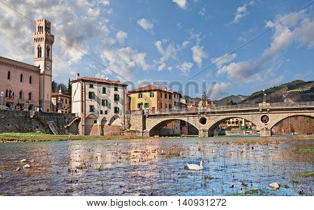 Santa Sofia, Forlì-Cesena, Emilia Romagna, Italy - view from the river shore of the village located within the Foreste Casentinesi, Monte Falterona, Campigna National Park