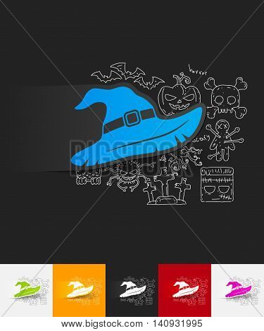 hand drawn simple elements with witch hat paper sticker shadow