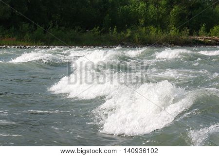 Waves on a mountain river in summer. Caucasus