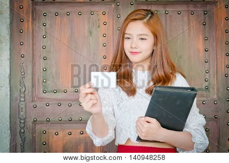Beautiful Businesswoman With Smile,showing Blank Name Card