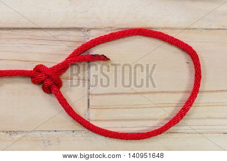 bowline knot made from red synthetic rope tightening on wooden background.