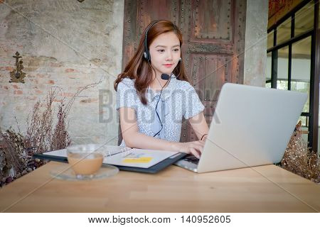 Portrait Of Woman Customer Service Worker, Call Center Smiling Operator With Phone Headset