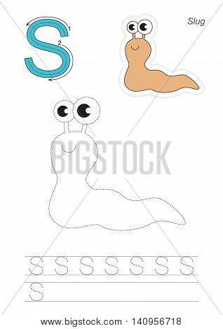 Vector illustrated worksheet. Learn handwriting. Gaming and education. Page to be traced. Easy educational kid game. Simple level. Complete eng alphabet. Tracing worksheet for letter S