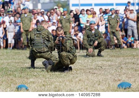 Ulyanovsk Russia - July 31 2016: Demonstrations of soldiers during the celebration of the Airborne Forces. The Russian Airborne Troops or VDV is a military branch of the Armed Forces of the Russian Federation.