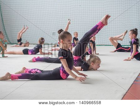 Warsaw Poland - June 25 2016: A group of small girls practicing before the competition