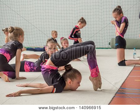 Warsaw Poland - June 25 2016: A group of small girls practicing before the competition