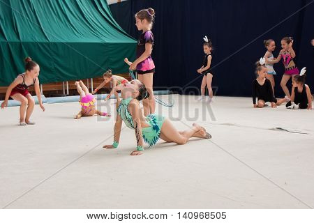Warsaw Poland - June 25 2016: A group of small girls practicing before the competition