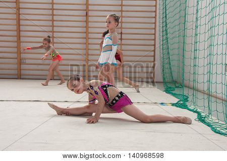 Warsaw Poland - June 25 2016:A group of small girls practicing before the competition