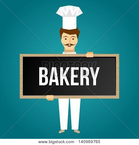 Baker holds signboard design with cheerful young single man in white uniform on blue background vector illustration