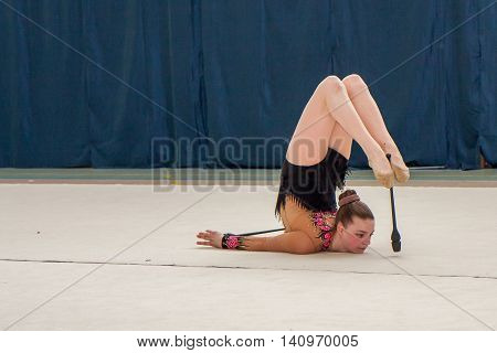 Warsaw Poland - June 25 2016: Young gymnast during her performance