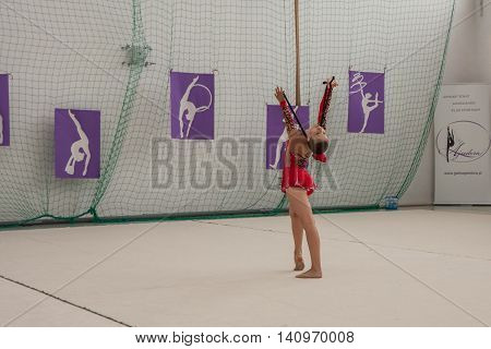 Warsaw Poland - June 25 2016: A gymnast with the jumping rope
