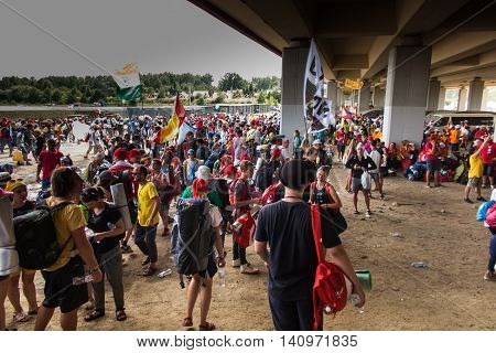KRAKOW POLAND - JUL 31 2016: Unidentified participants of World Youth Day and International Catholic youth Convention July 25-31. This year festival was visited by Pope Francis.