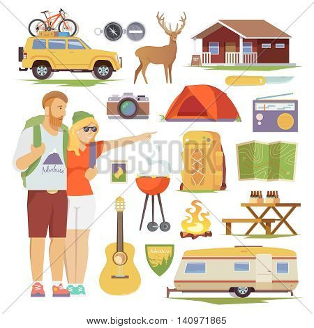 Vector flat icons on the theme of Climbing, Trekking, Hiking, Walking. Sports, Camping, outdoor recreation, adventures in nature, vacation. Camping icons set