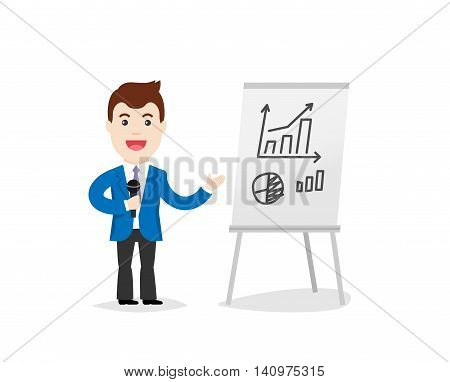 Business Training vector illustration. Speaker in a suit and with microphone standing near flipchart. Speaking to the audience concept and business man.
