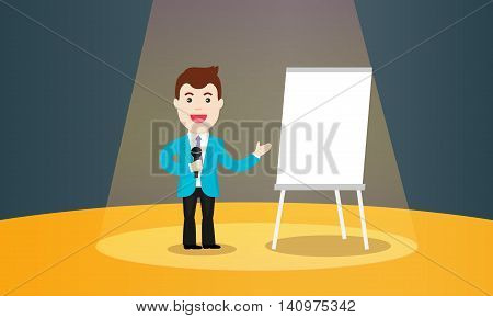 Business Training vector illustration. Speaker in a suit and with microphone standing near flipchart. Speaking to the audience concept.