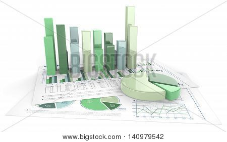 Green financial documents. 3D render of Green financial documents with graphs and pie charts of glass.