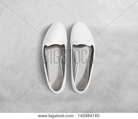 White blank women shoes mockup stand isolated, clipping path. Female ballet foot wear design mock up with clear insole. Clean lady footwear template wth flat slip. Plain dance girls shoe display.