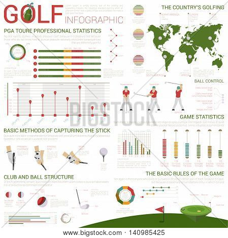 Golf sports infographics on world map and circle or bar charts. Ball and field or pitch structure, club with heel and sock, kernel and backside. Stick holding technique with arms in gloves.