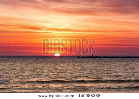 Beautiful Cloudscape Over The Sea, Sunrise Shot. Black Sea. Mamaia. Constanta. Romania. Warm Light.o