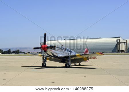 MOUNTAIN VIEW, CALIFORNIA - MAY 26, 2016: A rare P-51C Mustang owned by the Collings Foundation was on display at Moffett Field in California during the yearly Wings Of Freedom Tour. This is 1 of only 5 built during WWII