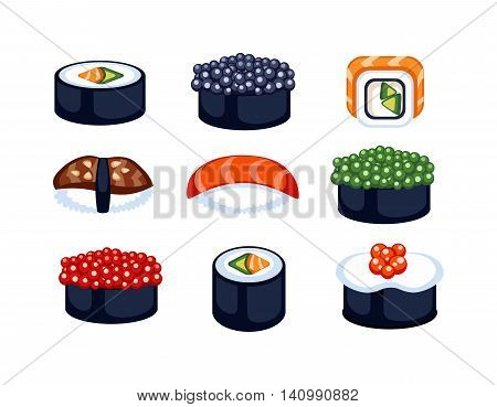 Sushi rolls icons food and japanese seafood sushi rolls. Sushi rolls traditional seaweed fresh raw food. Asia cuisine restaurant delicious. Sushi roll chine or japan selective food vector.