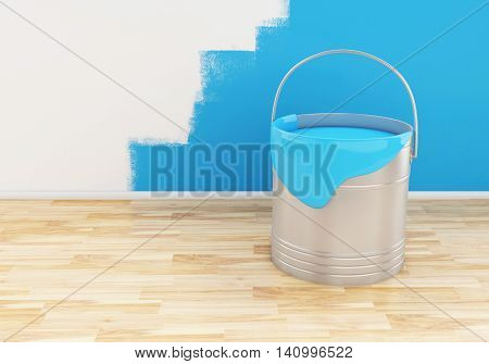 3d renderer image. Full bucket of paint color blue.