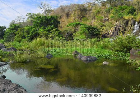 Da Nhim river near pongour vietnam in dry season with rock on the bottom of the stream