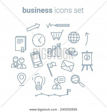 Vector Business Themed Blue Line Icons And Pictograms Isolated On White Background