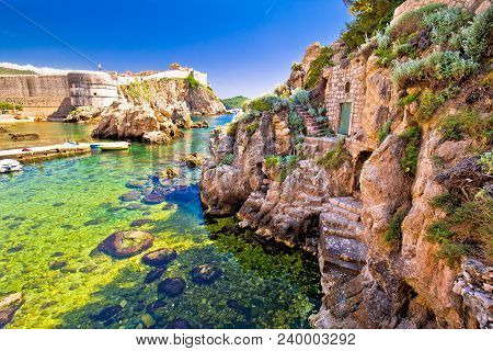 Dubrovnik Historic Port And City Walls View, Dalmatia Region Of Croatia