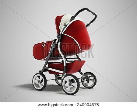 Modern Baby Carriage With Dome Against Rain And Wind Red With White Insets 3d Render On Gray Backgro