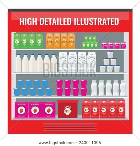 Refrigerated Supermarket Display Case Full With Multiple Drinks And Beverages. Illustrated Vector Fo