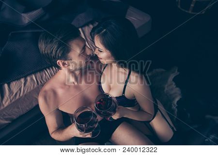 Top Above Overhead View Angle On Happy Smiling Passionate, Cute, Lovely, Naughty Elegant Naked Sexua