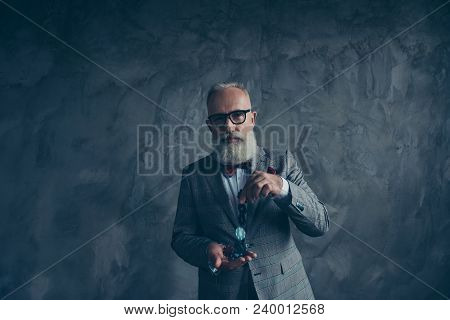 Venturesome, Gambling, Thoughtful, Brutal, Old Millionaire In Glasses Hold, Show, Play With Casino C