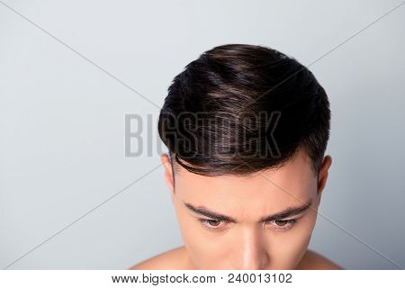 Cropped Above Top View Half-faced Photo Of Trendy Fashionable Clean Man's Haircut With Long Furfur, 