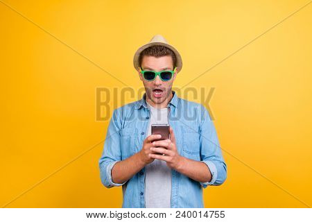 Amazed Guy In Summer Glasses, Jeans Shirt, Casual Outfit With Open Mouth On Holidays, Weekend, Holdi
