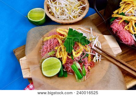 Thai Street Food Menu Pink Stir-fried Rice Noodles (thai Name Is Pad Mee Chompoo)