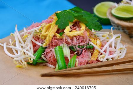 Thai Street Food Menu Pink Stir-fried Rice Noodles (thai Name Is Pad Mee Chompoo)