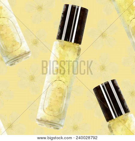 Seamless Pattern. Bottle With Perfumes Yellow On A Yellow Background.