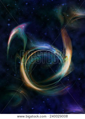 Abstract Image: Against A Dark Starry Sky, A Glowing Multicolored Cosmic Vortex.