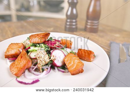 Red Fish Salmon With Radish And Spinach, Served On White Plate On Wooden Table. Rustick Style. View 