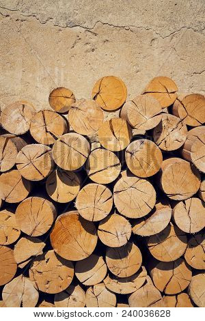 Pile Of Worked Wooden Roundish Clear Beautiful Logs, Stacked Firewood