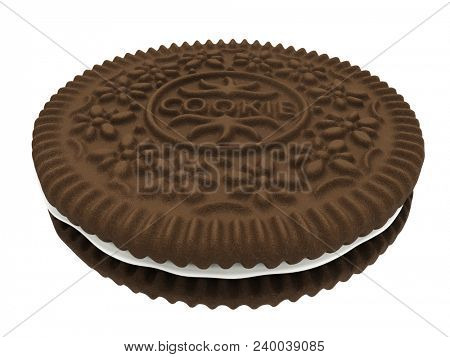 Chocolate sandwich cookie isolated on white background. Sweet product consisting of two chocolate wafers and a sweet creme filling. 3D rendering.