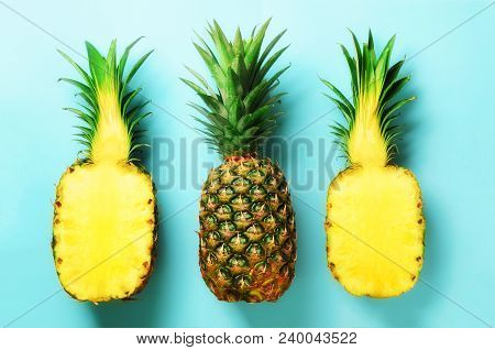 Bright Pineapple Pattern For Minimal Style. Top View. Pop Art Design, Creative Concept. Copy Space. 