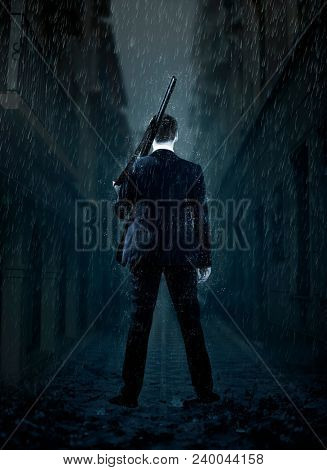 Businessman gangster shooting with gun. Design for cover