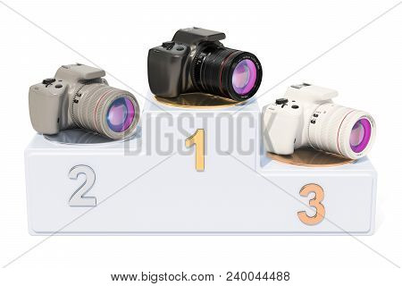 Digital Slr Ratings Concept. Winners Podium With Digital Camera, 3d Rendering Isolated On White Back