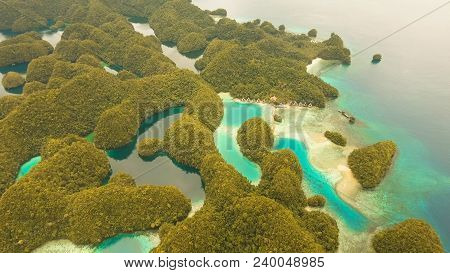 Aerial View: Bucas Grande Island, Sohoton Cove. Philippines. Tropical Sea Bay And Lagoon, Beach. Tro