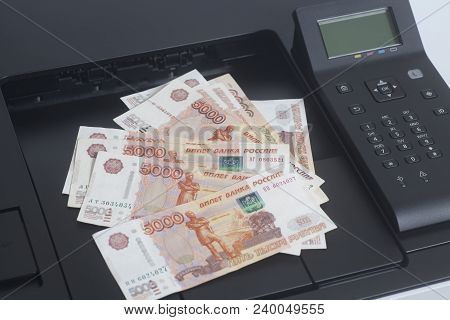 Printer Printing Russian Rubles Bills Isolated On White Background