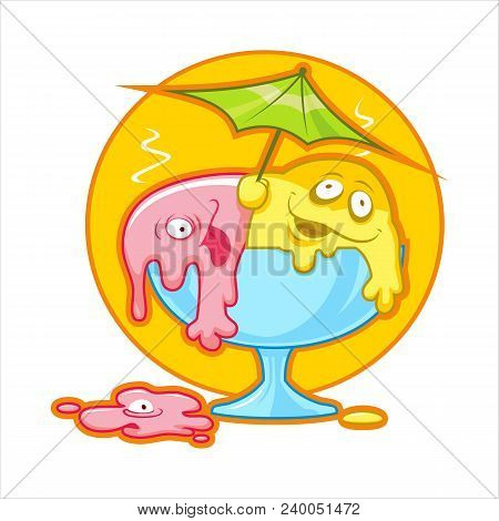 Cartoon Vector Illustration Of Colored Melting Ice Cream.