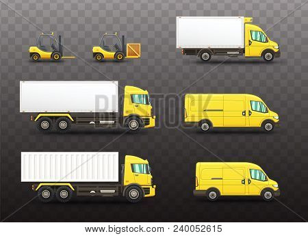 Set Of Delivery And Transportation Vehicles Illustrations Isolated On A Semi-transparent Background.