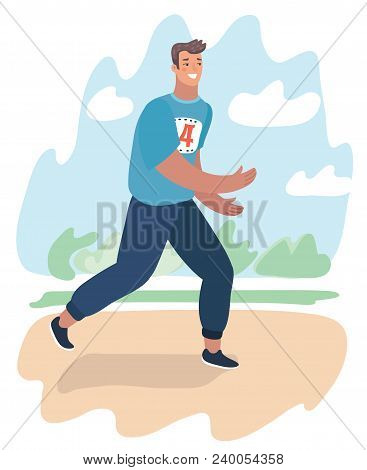 Vector Cartoon Illustration O Running In City Park. Man Runner Outside Jogging In Park. The Jog-a-th